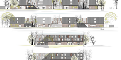 Grafik der Außenansichten des Neubaus der Außenstelle der Landesfinanzschule Bayern in Dinkelsbühl